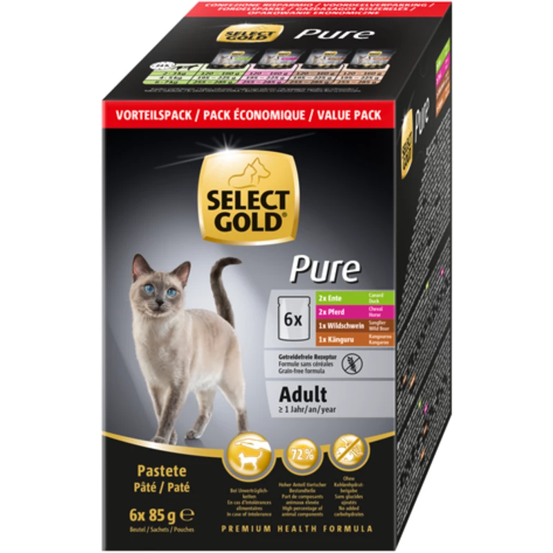 SELECT GOLD Pure Adult Premium Cat Wet Pouch - Multipack (Kangaroo/Horse/Duck/Wild Boar)2024.02